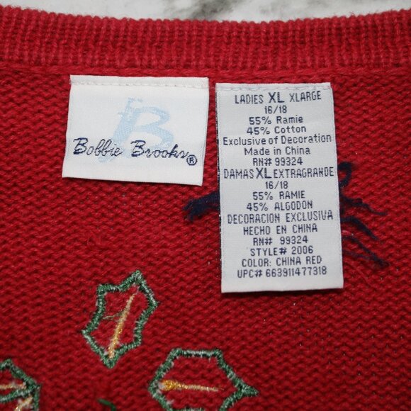BOBBIE BROOKS Cardigan Christmas Knit Sweater Holiday Ugly Patchwork Red XL - Picture 6 of 12